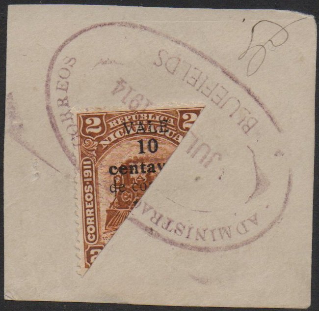 Nicaragua stamps 1913 surcharges Locomotive 10c / 2 Pesos bisect on piece 